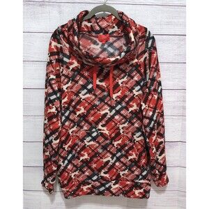Joyland Ugly Christmas Sweatshirt Women's  Large Red Plaid Cowl Neck Reindeer